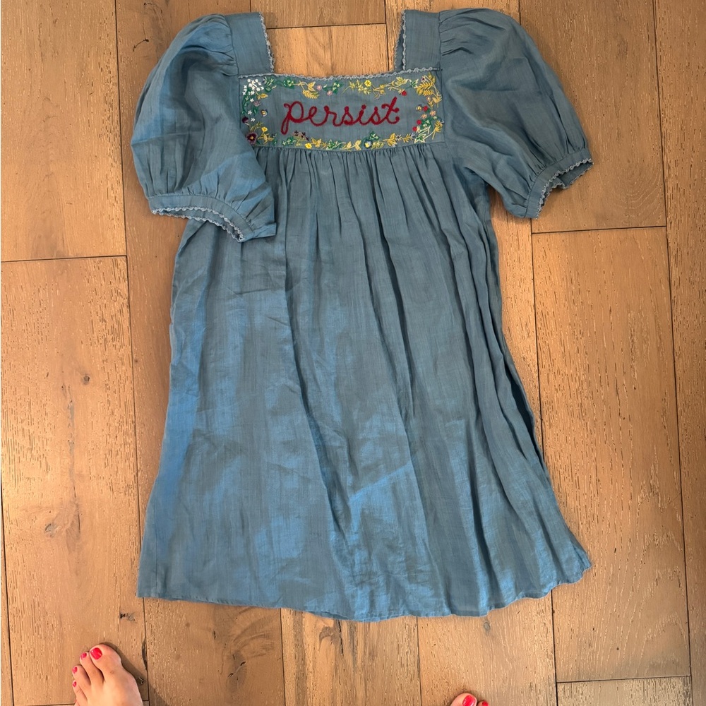 Doen Blue Puff-Sleeve Mini Dress with Embroidered 'persist' Yoke